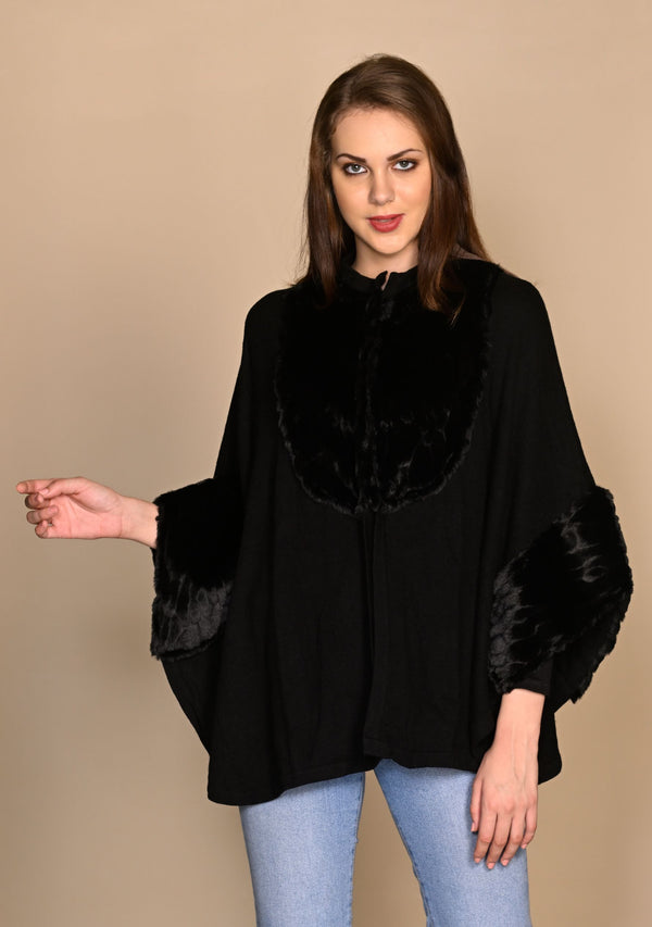 Black Knitted Fine Wool Collared Cape with Black Embossed Fur Application