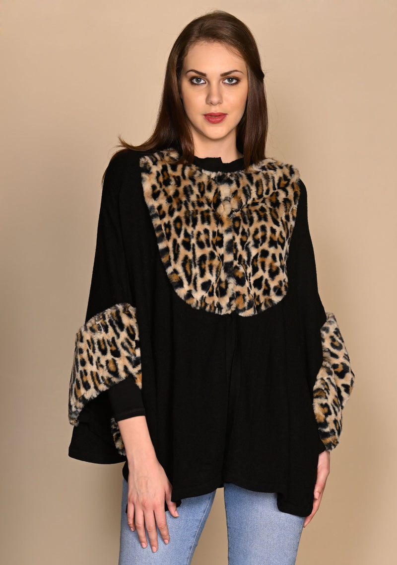 Black Knitted Fine Wool Collared Cape with Leopard Fur Application