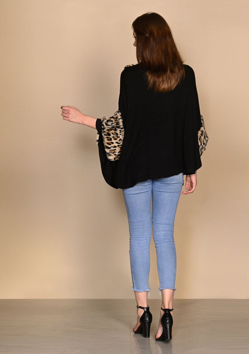 Black Knitted Fine Wool Collared Cape with Leopard Fur Application