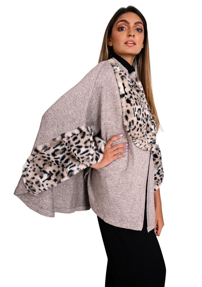 Taupe Melange Knitted Fine Wool Collared Cape with White Leopard Fur Application