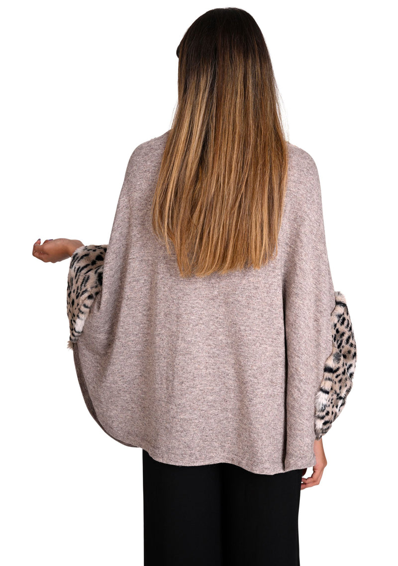 Taupe Melange Knitted Fine Wool Collared Cape with White Leopard Fur Application