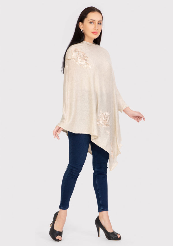 Oatmeal Melange Knitted Fine Wool Poncho with Lt. Peach Rose Appliques