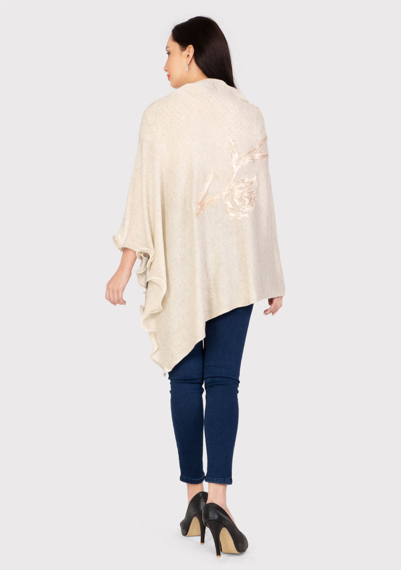 Oatmeal Melange Knitted Fine Wool Poncho with Lt. Peach Rose Appliques