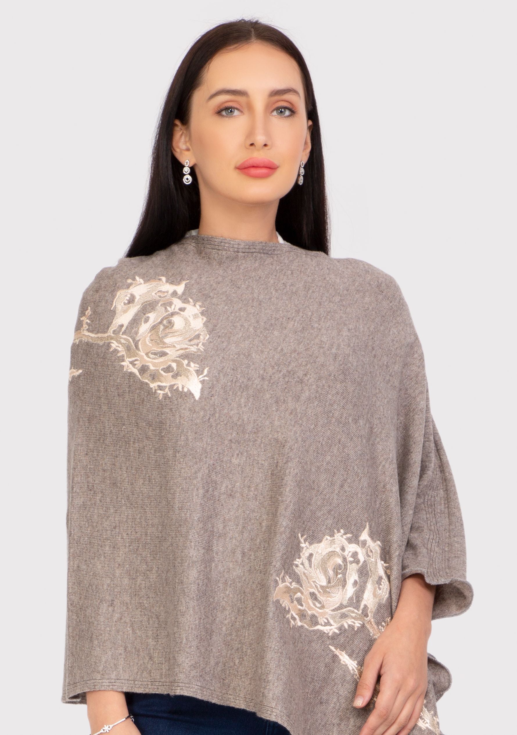 Taupe Melange Knitted Fine Wool Poncho with Lt. Peach Rose Appliques