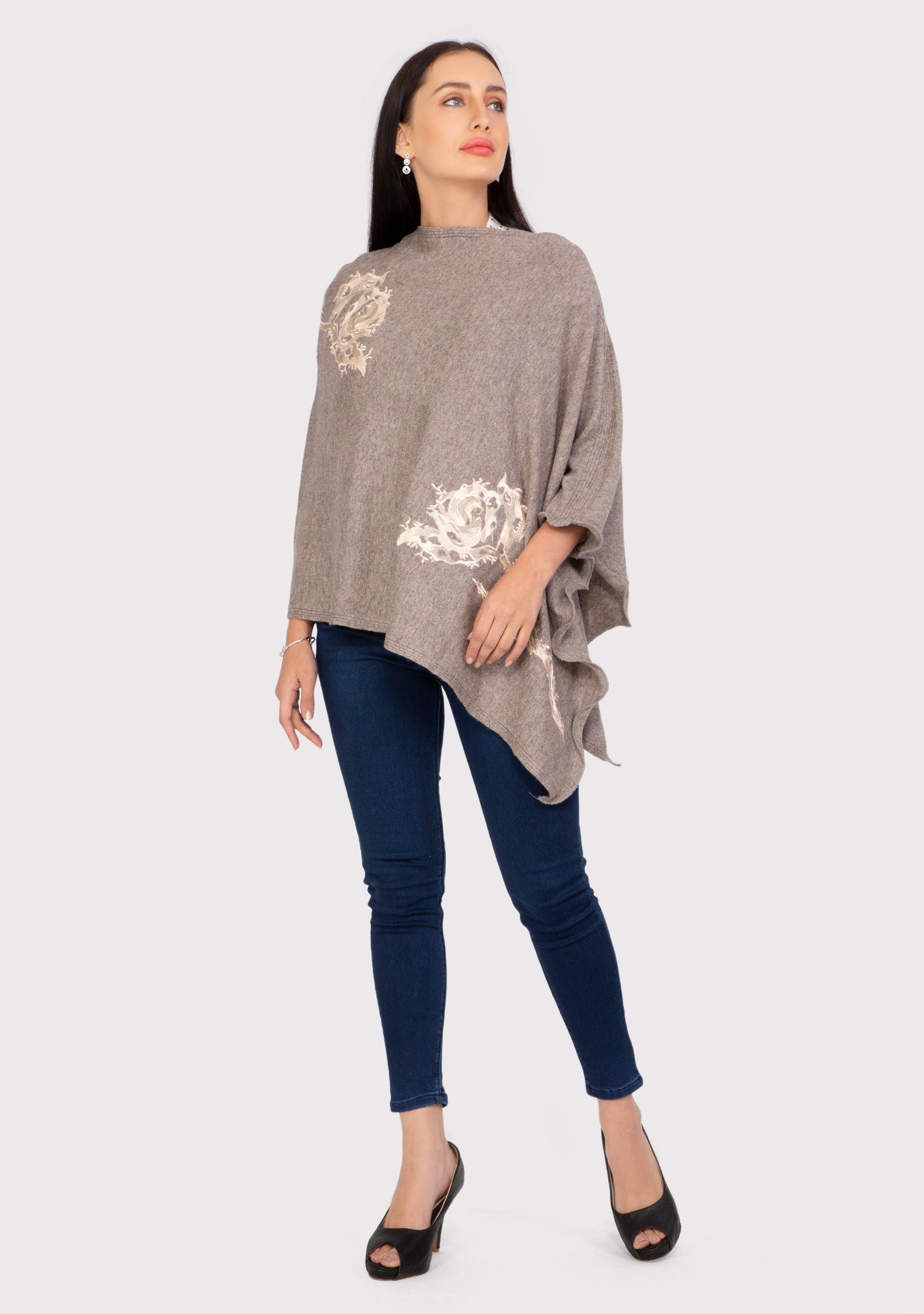 Taupe Melange Knitted Fine Wool Poncho with Lt. Peach Rose Appliques