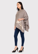 Taupe Melange Knitted Fine Wool Poncho with Lt. Peach Rose Appliques