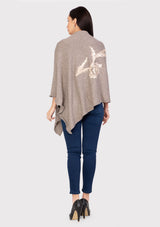 Taupe Melange Knitted Fine Wool Poncho with Lt. Peach Rose Appliques
