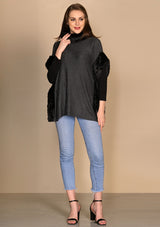 Charcoal Melange Knitted Fine Wool Poncho with Black Embossed Fur Neck and Side Panels