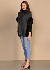 Charcoal Melange Knitted Fine Wool Poncho with Black Embossed Fur Neck and Side Panels