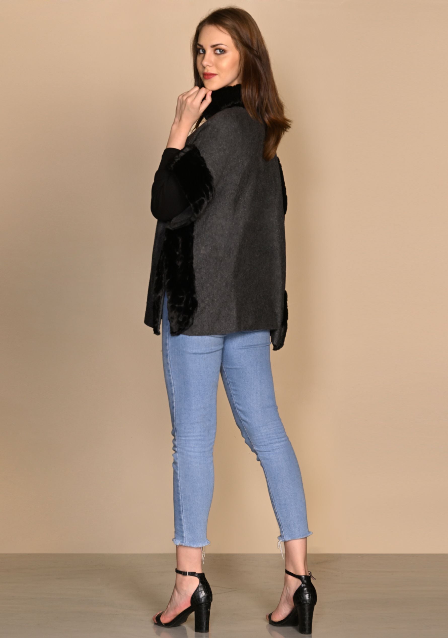 Charcoal Melange Knitted Fine Wool Poncho with Black Embossed Fur Neck and Side Panels