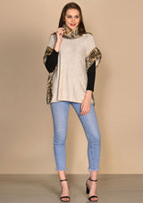 Oatmeal Melange Knitted Fine Wool Poncho with Tiger Fur Neck and Side Panels