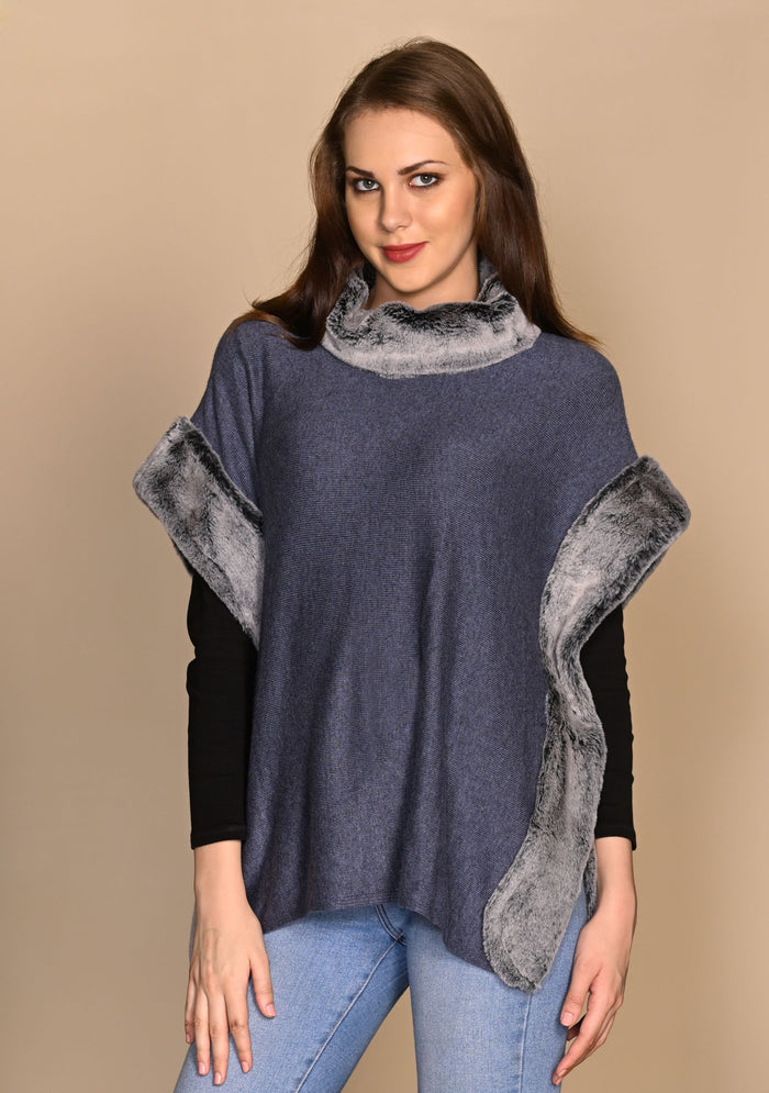 Denim Blue Melange Wool PonchoGray Faux Fur