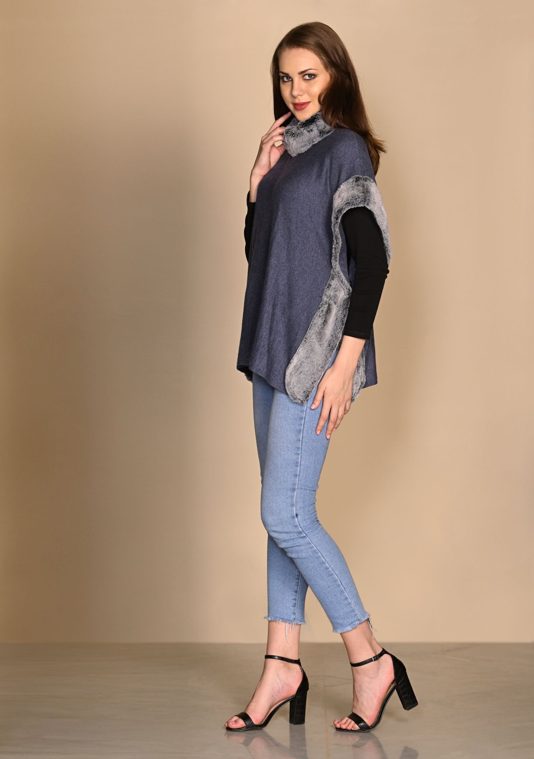 Denim Blue Melange Knitted Fine Wool Poncho with Grey Fur Neck and Side Panels