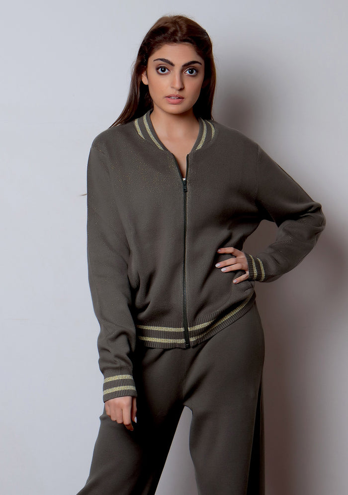 Dk. Olive & Frappe Leopard Jacquard Jacket and Dk. Olive Pant Lounge Set