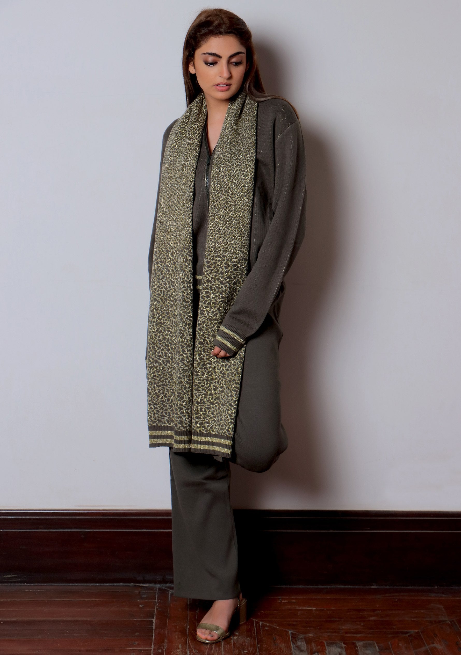 Dk. Olive and Frappe Leopard Jacquard Cotton and Viscose Jacket and Dk. Olive Cotton Pant Lounge Set