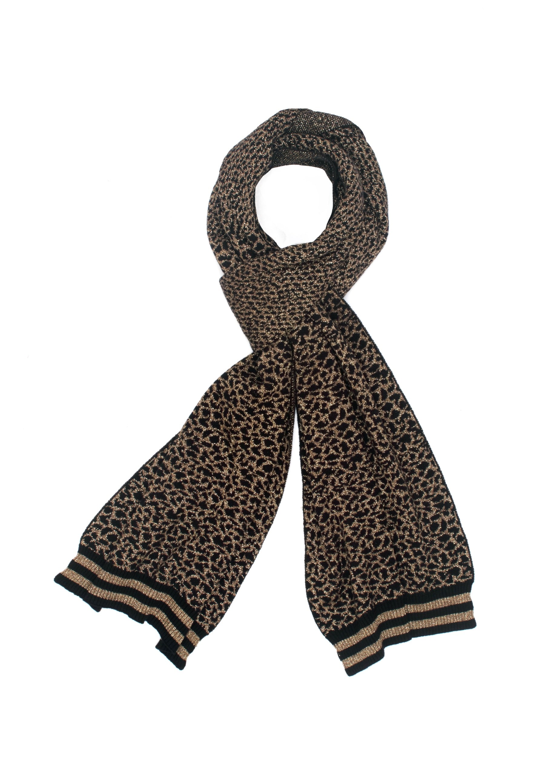 Black and Tobacco Brown Cotton and Viscose Leopard Jacquard Knitted Scarf with Black and Tobacco Brown Lurex Stripe