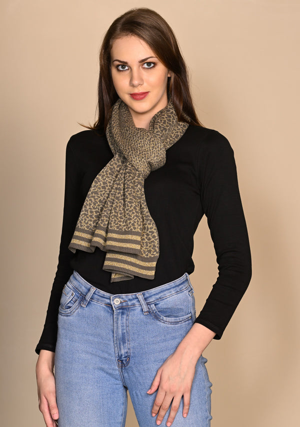 Dk. Olive and Frappe Cotton and Viscose Leopard Jacquard Knitted Scarf with Dk. Olive and Frappe Lurex Stripe