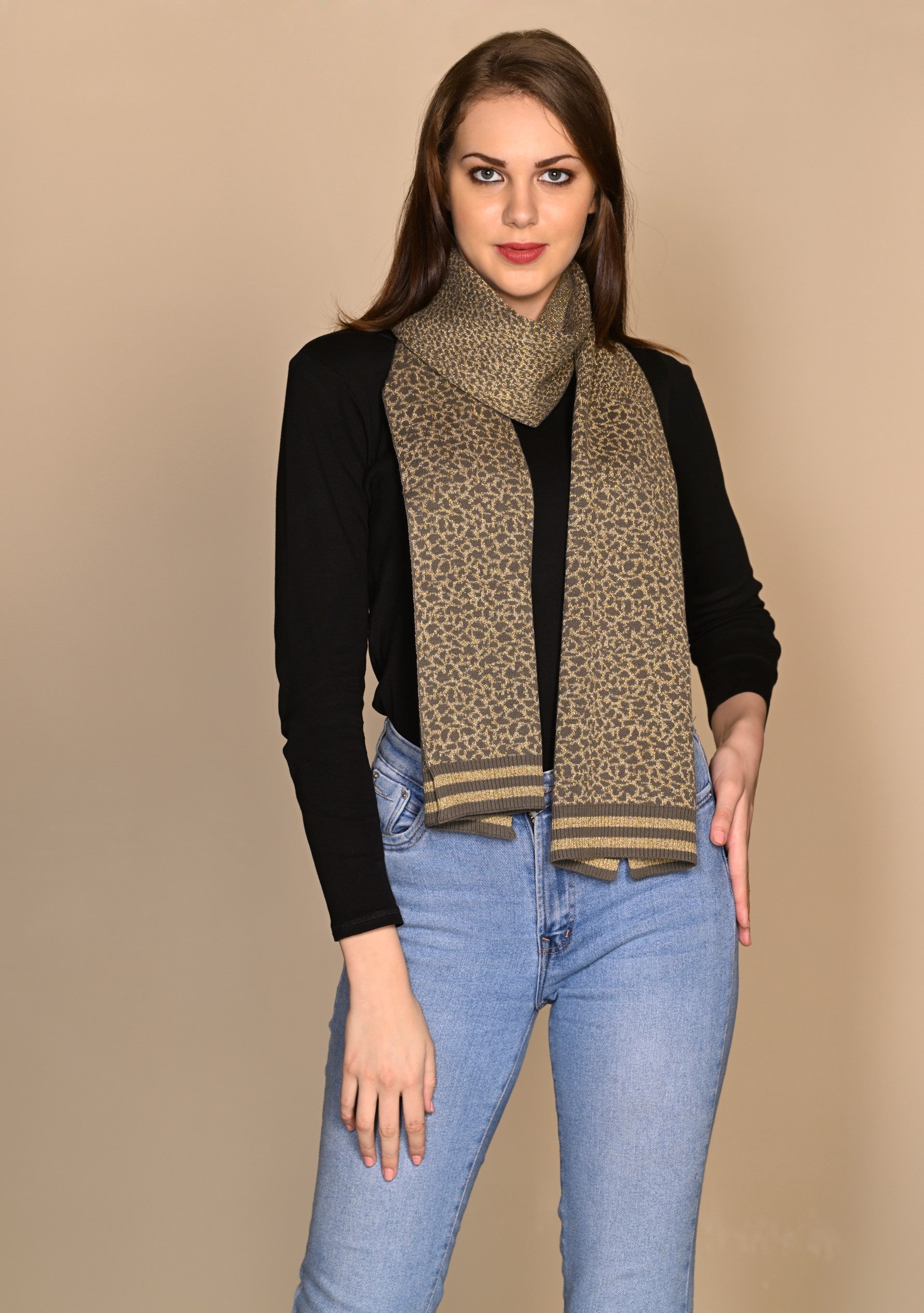 Dk. Olive and Frappe Cotton and Viscose Leopard Jacquard Knitted Scarf with Dk. Olive and Frappe Lurex Stripe