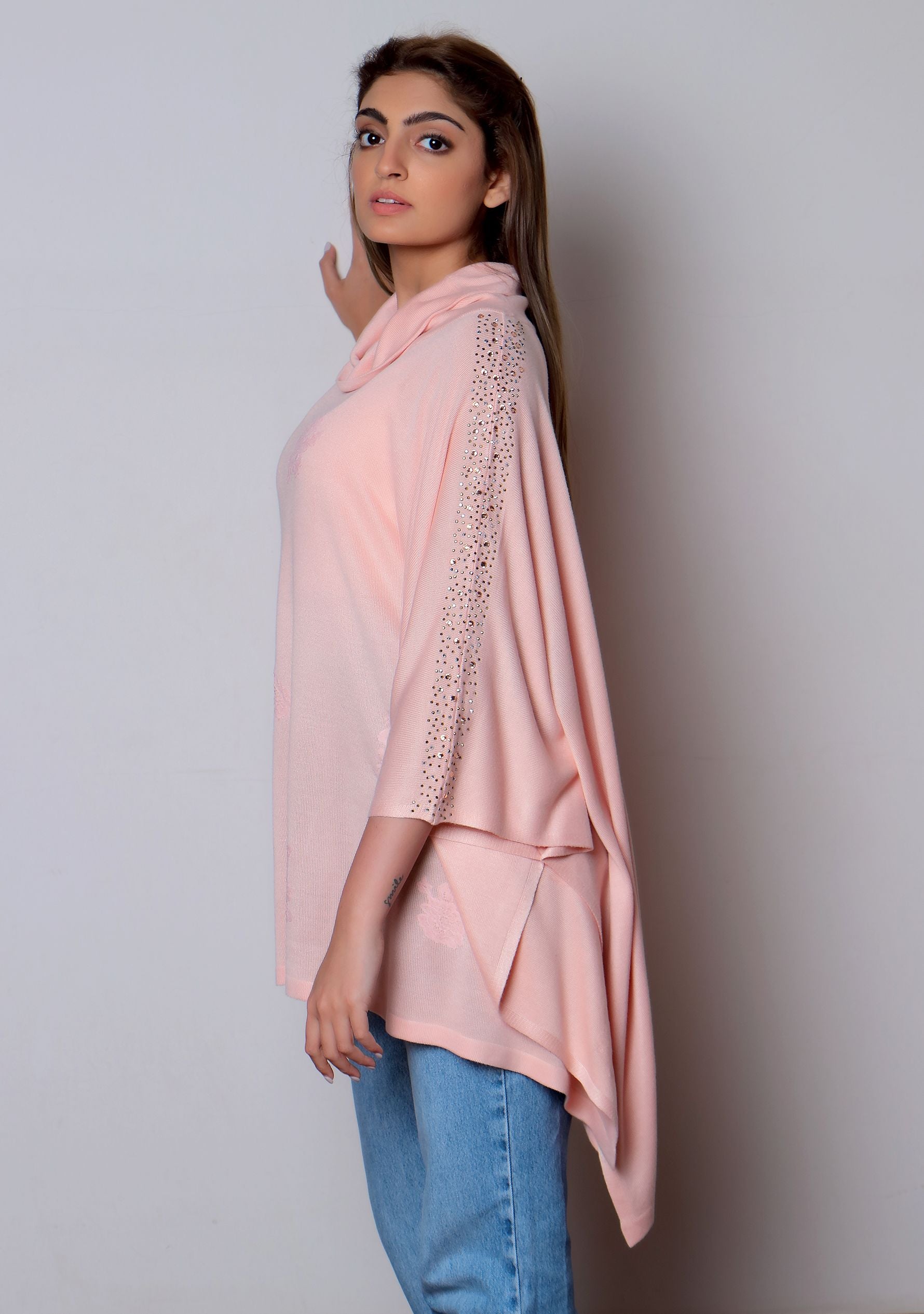 Pink Knitted Bamboo Rollneck Poncho with Pink Floral Lace Appliques & Multi Colored Swarovski Crystals