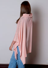 Pink Knitted Bamboo Rollneck Poncho with Pink Floral Lace Appliques & Multi Colored Swarovski Crystals