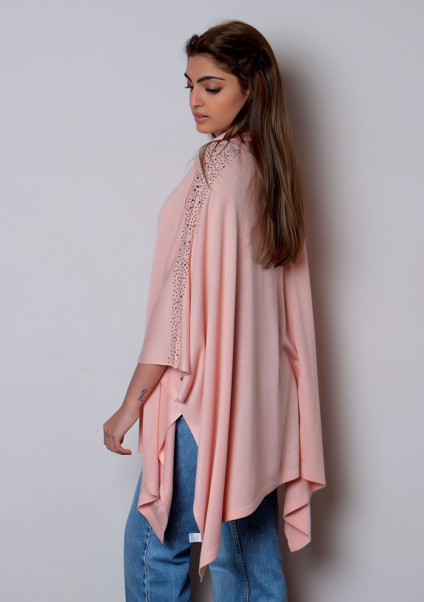 Pink Knitted Bamboo Rollneck Poncho with Pink Floral Lace Appliques & Multi Colored Swarovski Crystals