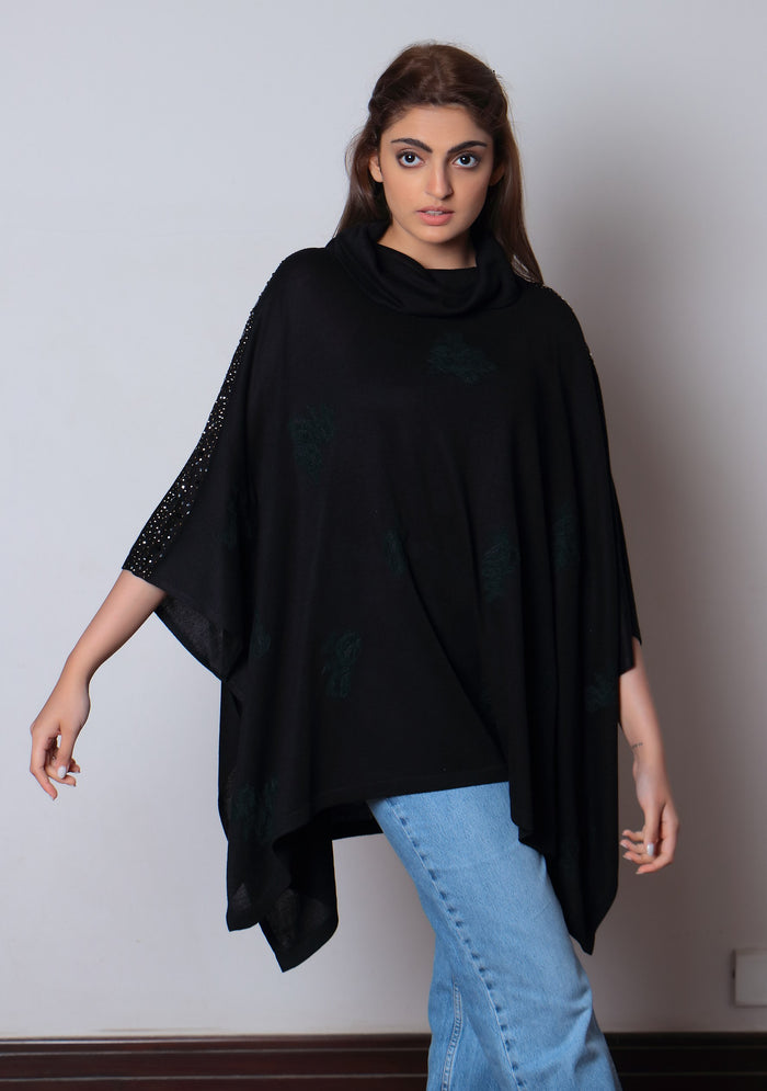 Black Bamboo Poncho Black Lace & Multi-Colored Crystals