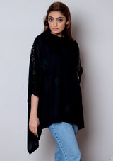 Black Knitted Bamboo Rollneck Poncho with Black Floral Lace Appliques & Multi-Colored Swarovski Crystals