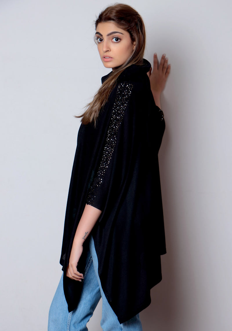 Black Knitted Bamboo Rollneck Poncho with Black Floral Lace Appliques & Multi-Colored Swarovski Crystals