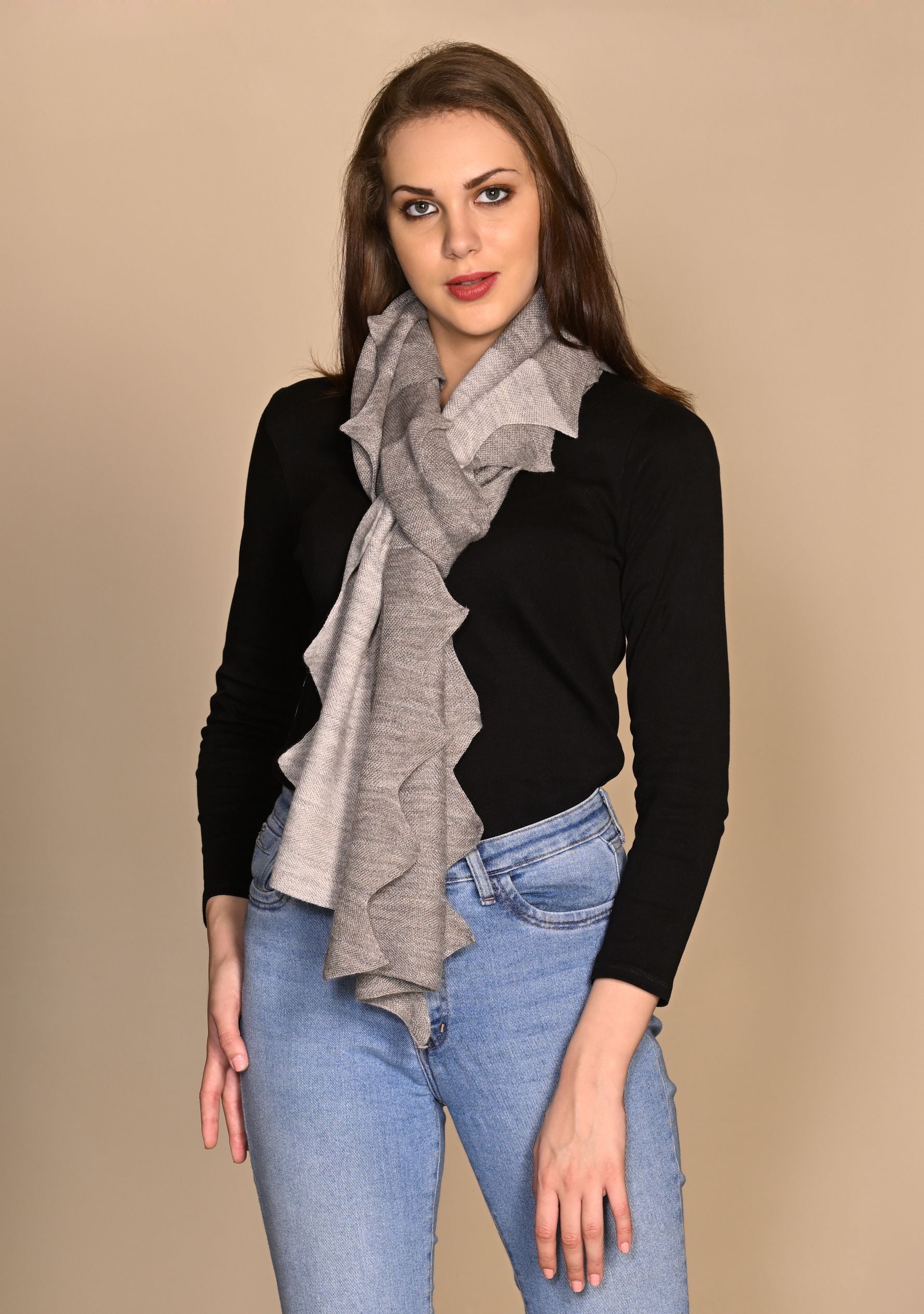 Dual Color Taupe and Lt. Grey Melange Knitted Fine Wool Zig Zag Scarf