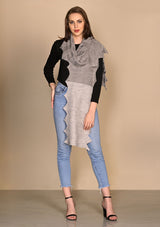 Dual Color Taupe and Lt. Grey Melange Knitted Fine Wool Zig Zag Scarf