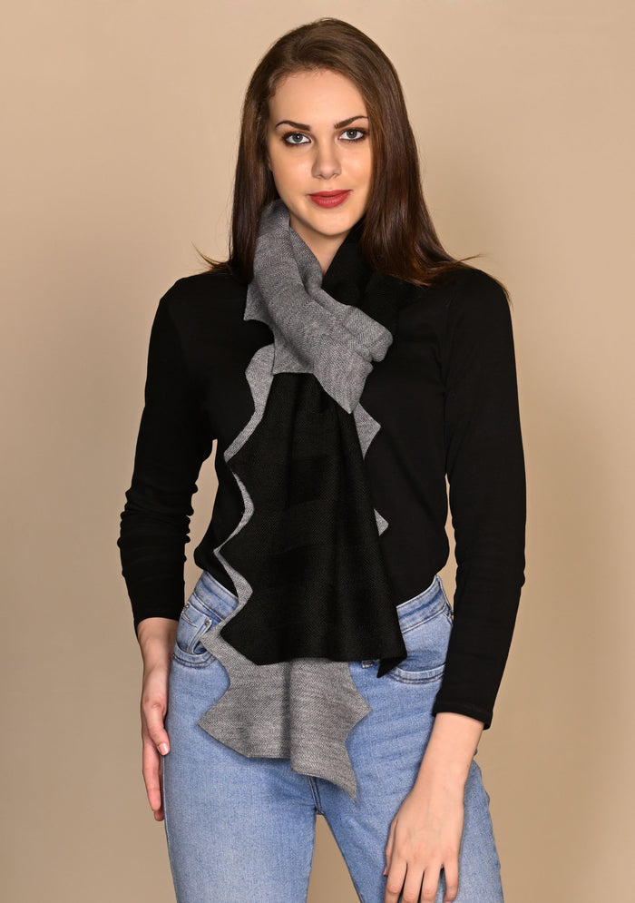 Gray Melange & Black Wool Zig Zag Scarf