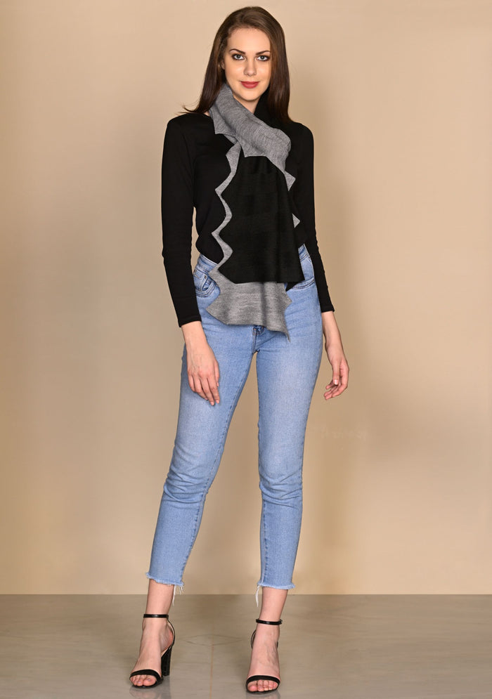 Gray Melange & Black Wool Zig Zag Scarf