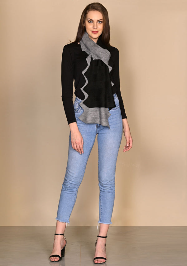 Dual Color Grey Melange and Black Knitted Fine Wool Zig Zag Scarf