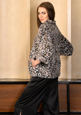 White Leopard Faux Fur Button Down Chinese Collar Jacket with Black Faux Leather Trims