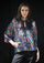 Multi Color Sequin Button Down Chinese Collar Jacket with Black Faux Leather Trims