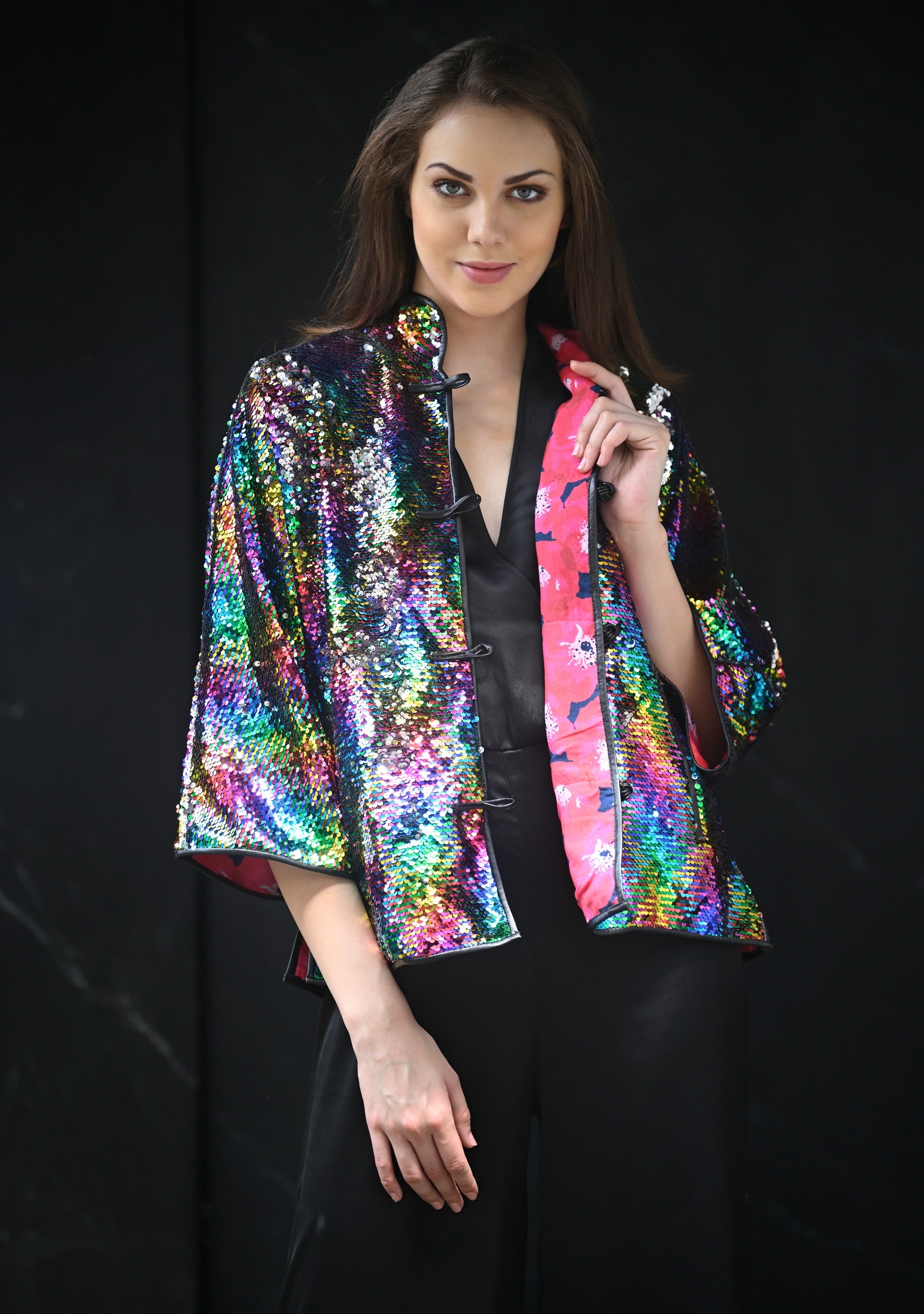 Multi Color Sequin Button Down Chinese Collar Jacket with Black Faux Leather Trims