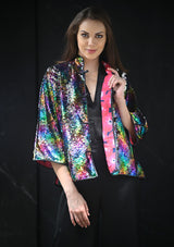 Multi Color Sequin Button Down Chinese Collar Jacket with Black Faux Leather Trims