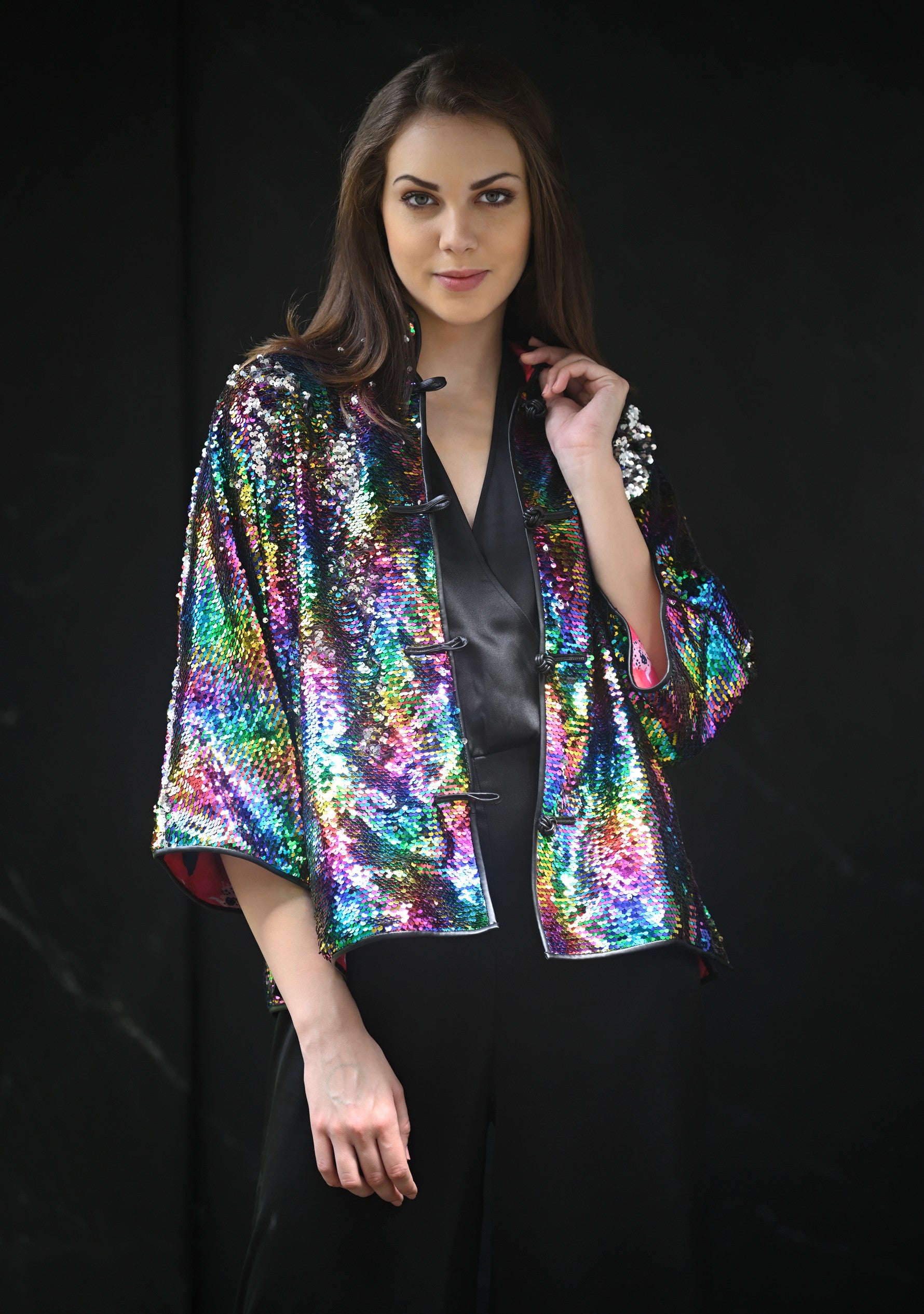 Multi Color Sequin Button Down Chinese Collar Jacket with Black Faux Leather Trims