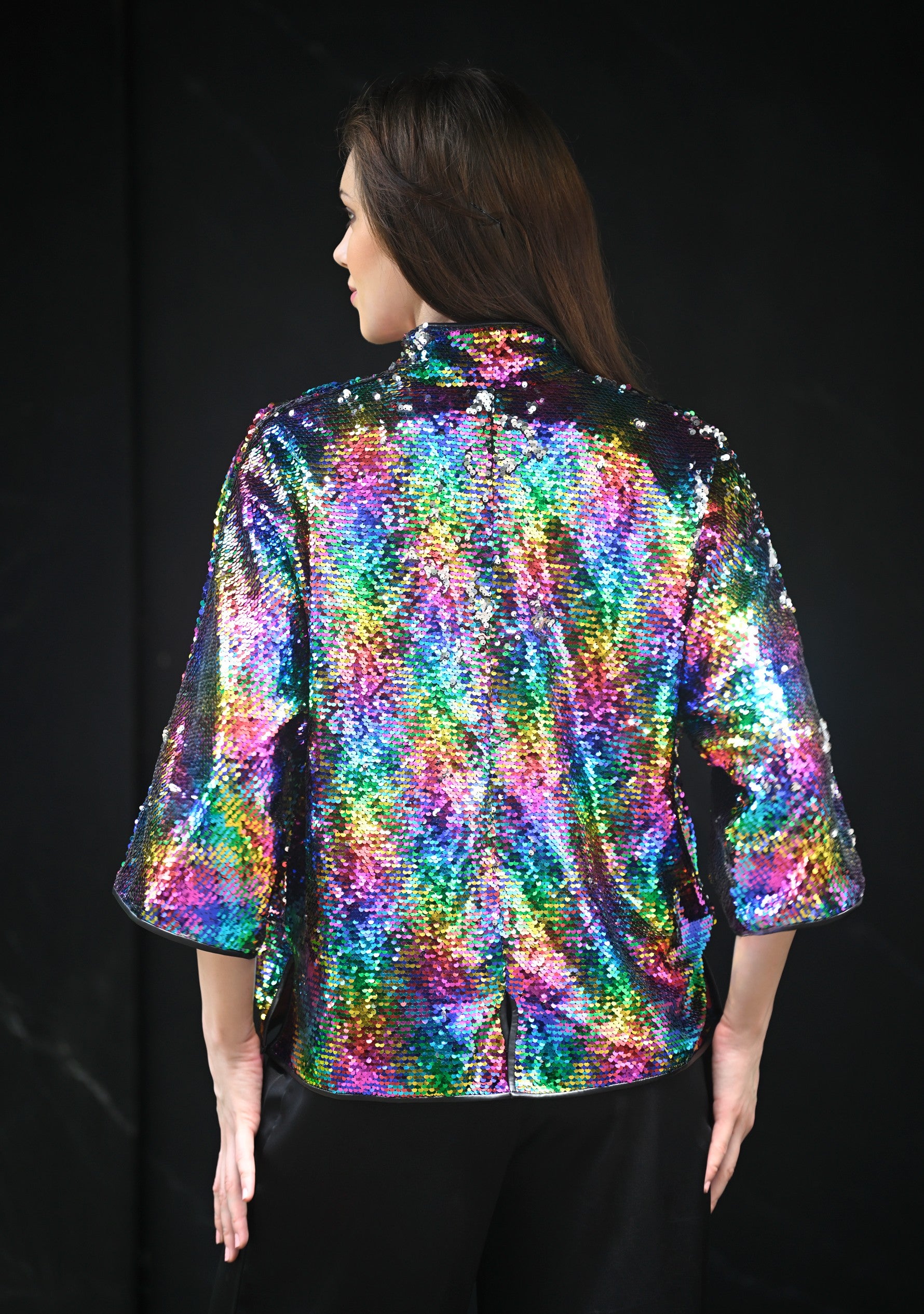 Multi Color Sequin Button Down Chinese Collar Jacket with Black Faux Leather Trims