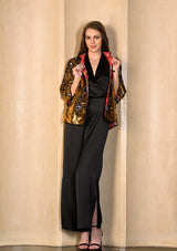 Dual Tone Gold Silver Sequin Button Down Chinese Collar Jacket with Black Faux Leather Trims