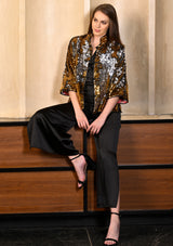 Dual Tone Gold Silver Sequin Button Down Chinese Collar Jacket with Black Faux Leather Trims