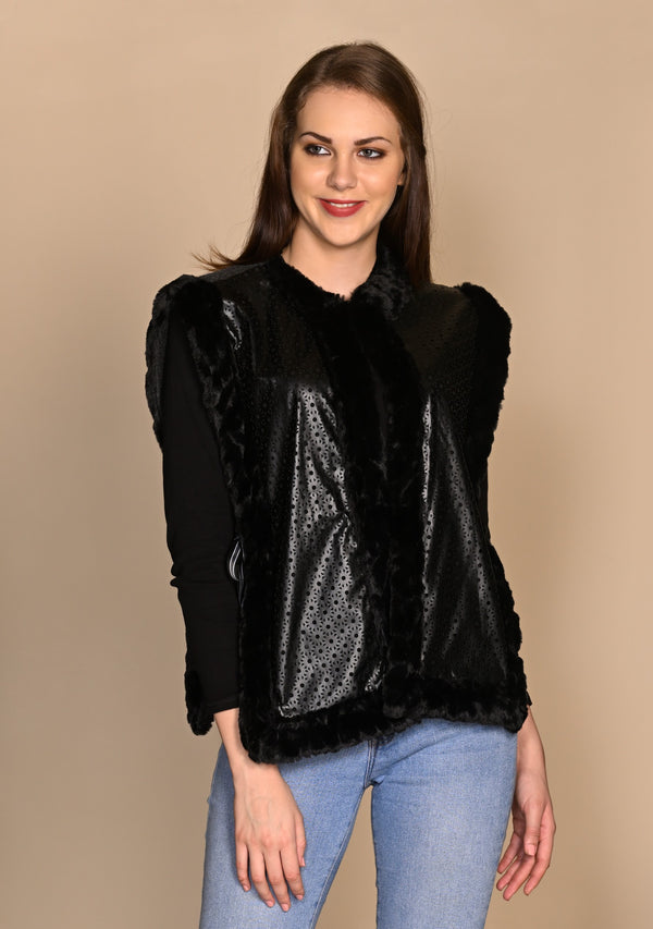 Black Faux Leather and Charcoal Melange Knitted Fine Wool Open Sleeveless Jacket with Black Faux Fur Neck and Border