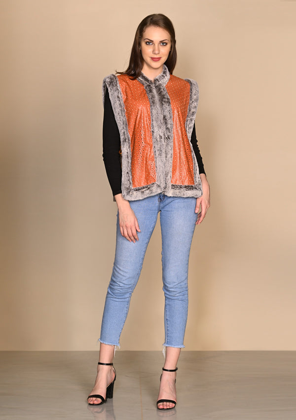 Orange Faux Leather and Taupe Melange Knitted Fine Wool Open Sleeveless Jacket with Taupe Faux Fur Neck and Border