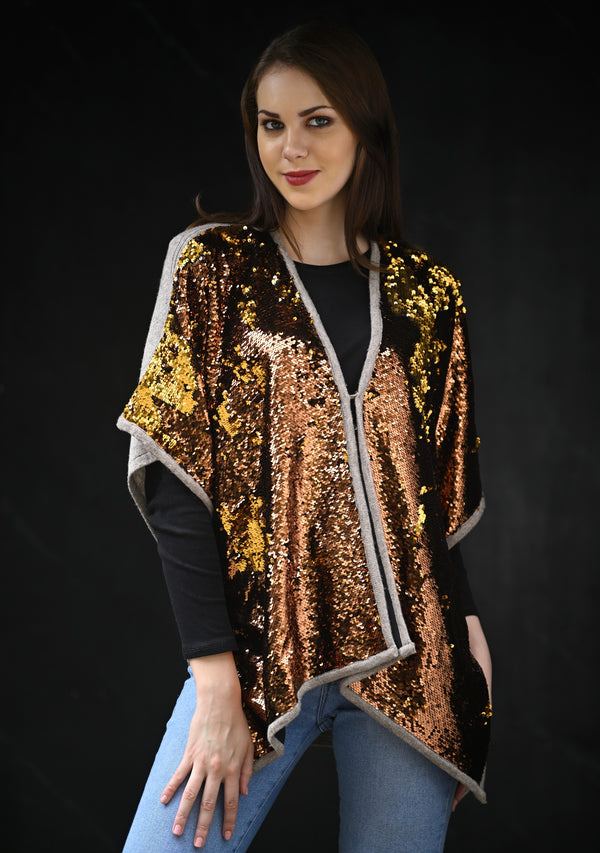 Dual Tone Copper Gold Sequin and Taupe Melange Knitted Fine Wool Cape