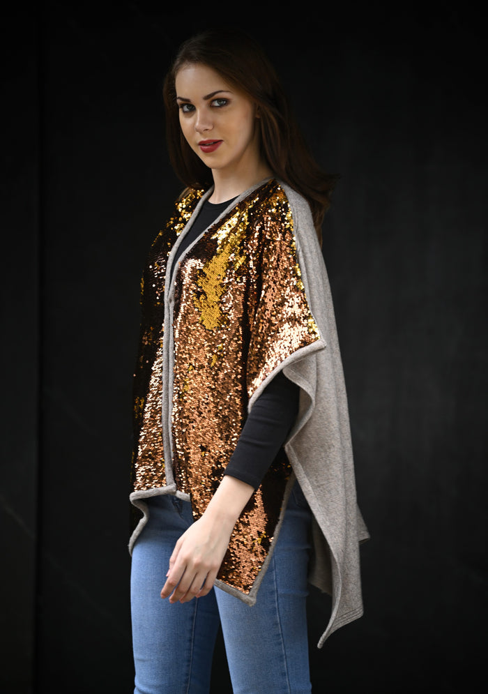 Copper Gold Sequin & Taupe Melange Wool Cape