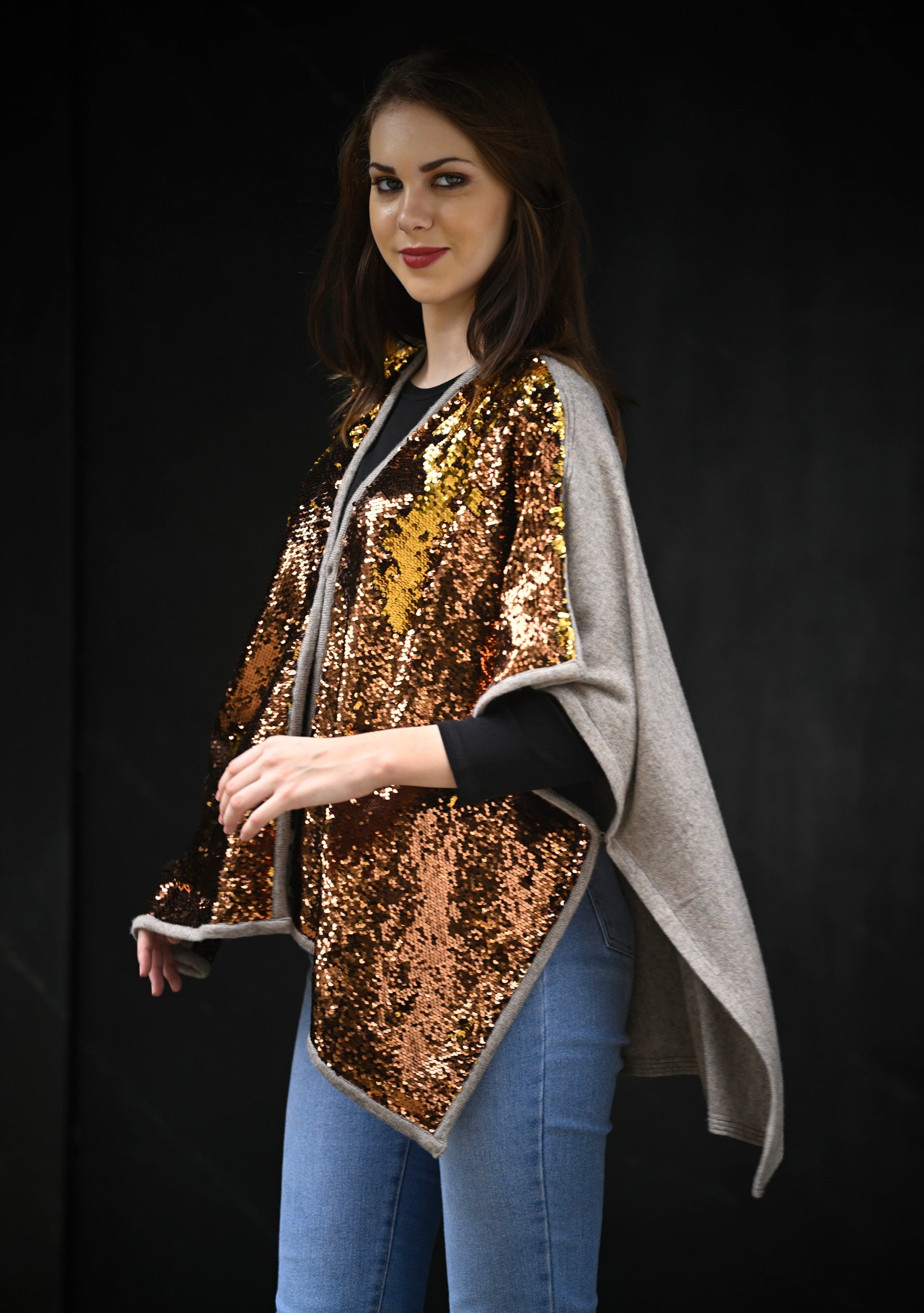 Dual Tone Copper Gold Sequin and Taupe Melange Knitted Fine Wool Cape