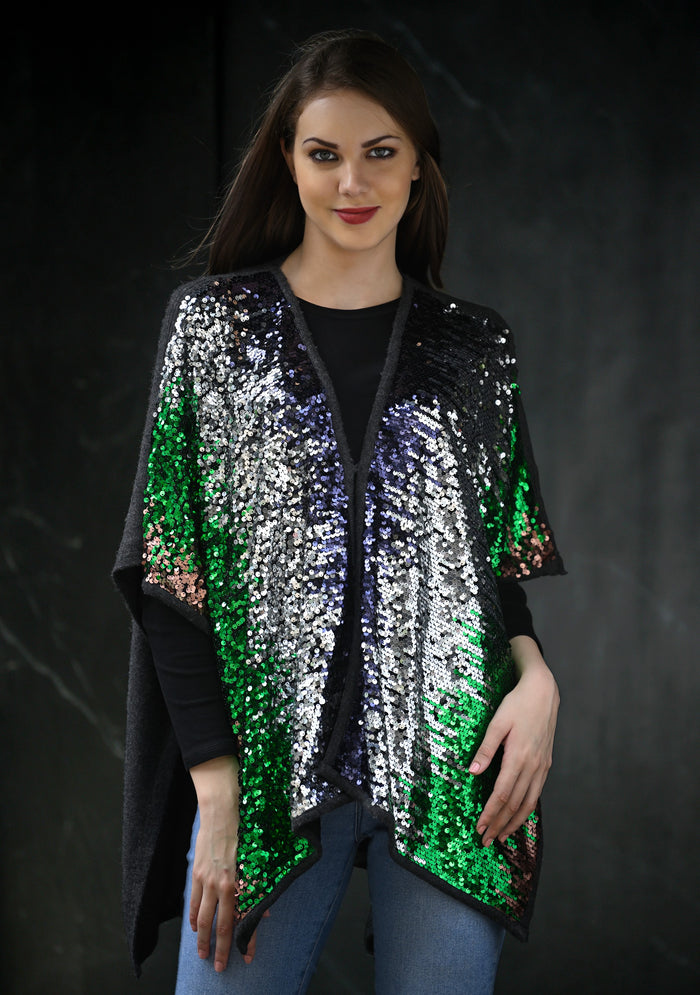 Multi-Colored Sequin & Charcoal Melange Wool Cape