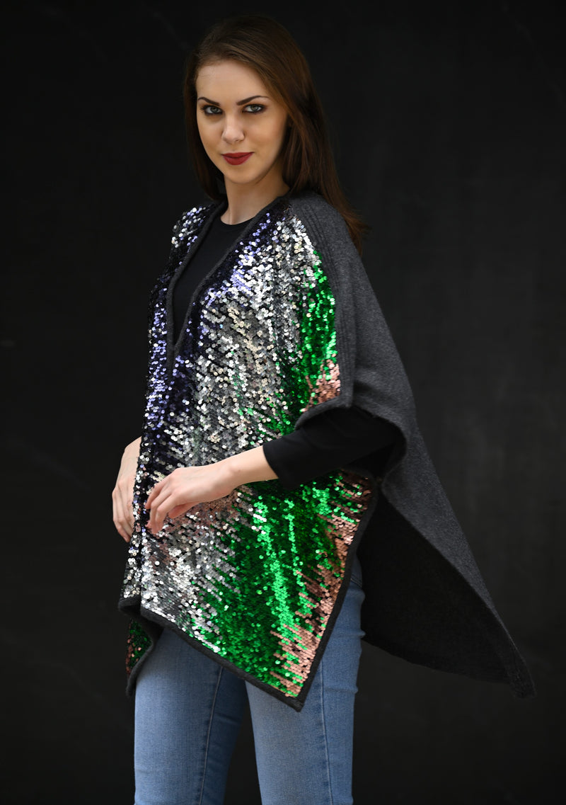 Multi Color Sequin and Charcoal Melange Knitted Fine Wool Cape