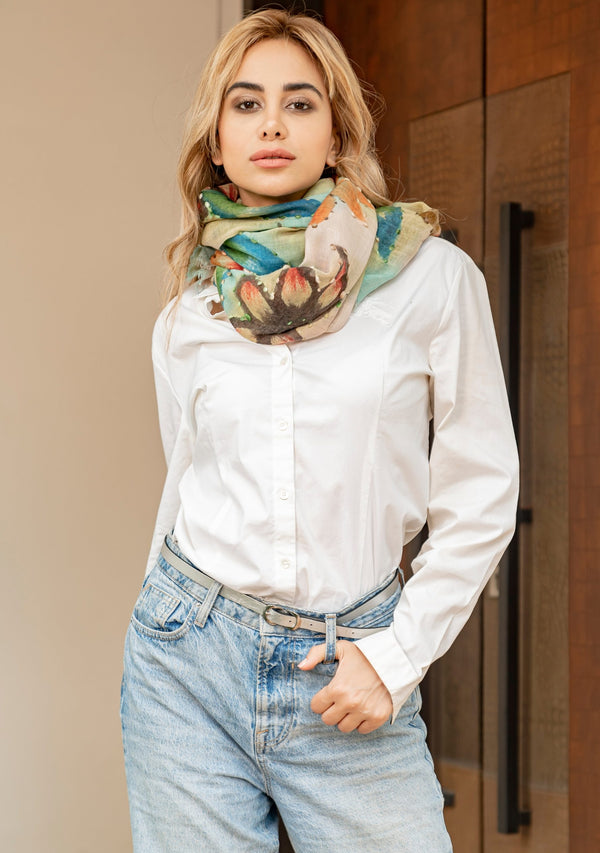 Pastel Wool Scarf with a Dahlia Print and Multi-colored Embroidery