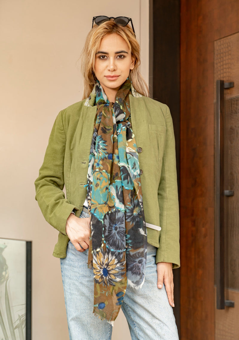 Khaki Wool Scarf with a Cluster Print and Multi-colored Embroidery